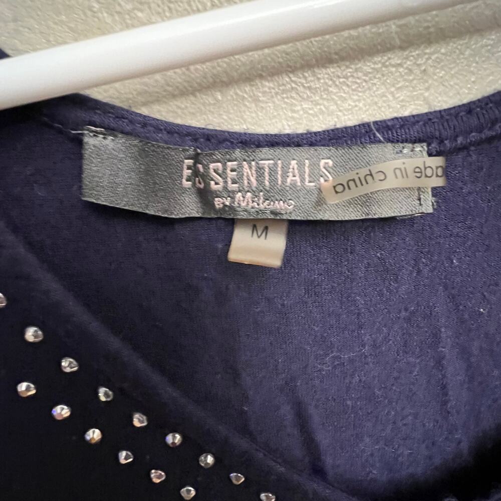 Essentials by Milano Rhinestone Studded Sleeve Blue Blouse Size Medium - Picture 3 of 8